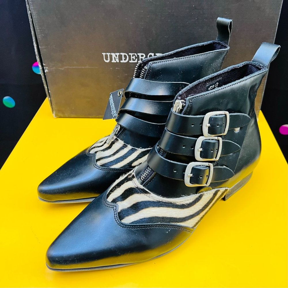 Underground Blitz Winklepicker Boot Black Grain Leather & Zebra Print